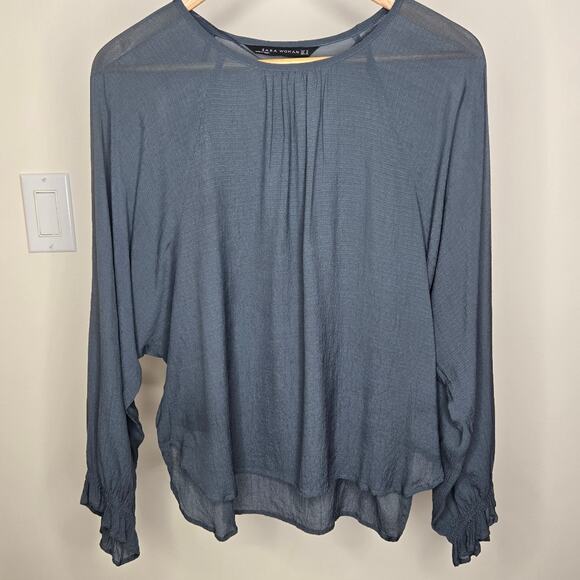 ZARA WOMAN Sheer Slate Blue Gray Longsleeve Blouse Size Medium - Picture 1 of 9